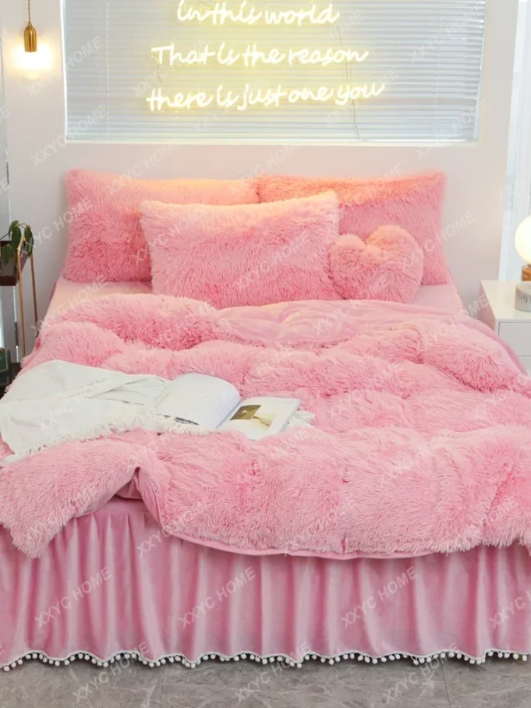 Luxury Pure Color Plush Shaggy Warm Fleece Girl Bedding Set Mink Velvet Double Duvet Cover Set Bed Skirt Pillowcase Home Textile