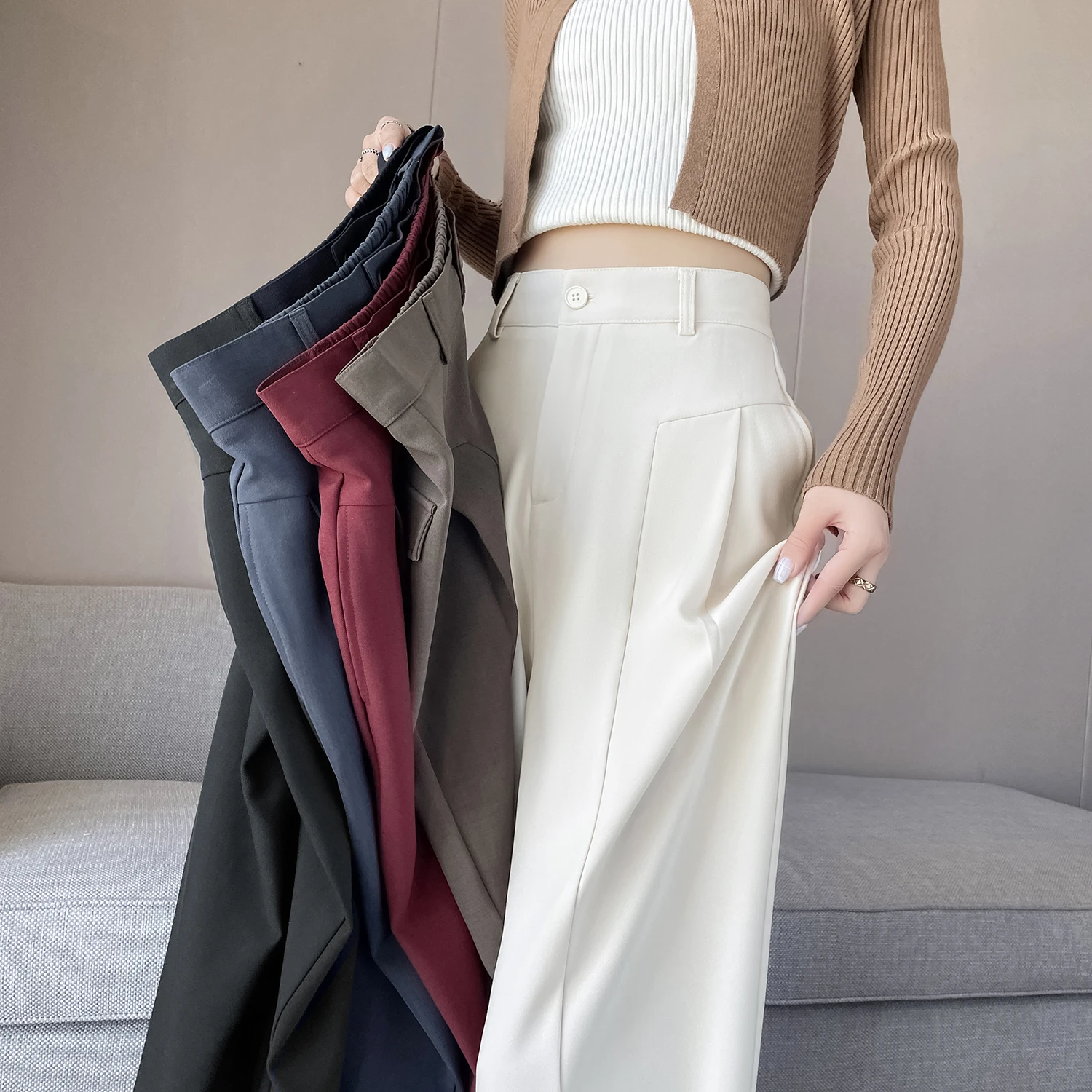 Women Suit Pants Lady Baggy High Waist Wide Leg Pants Solid Color Trousers Female 2024 Autumn Straight Classic Office Pants