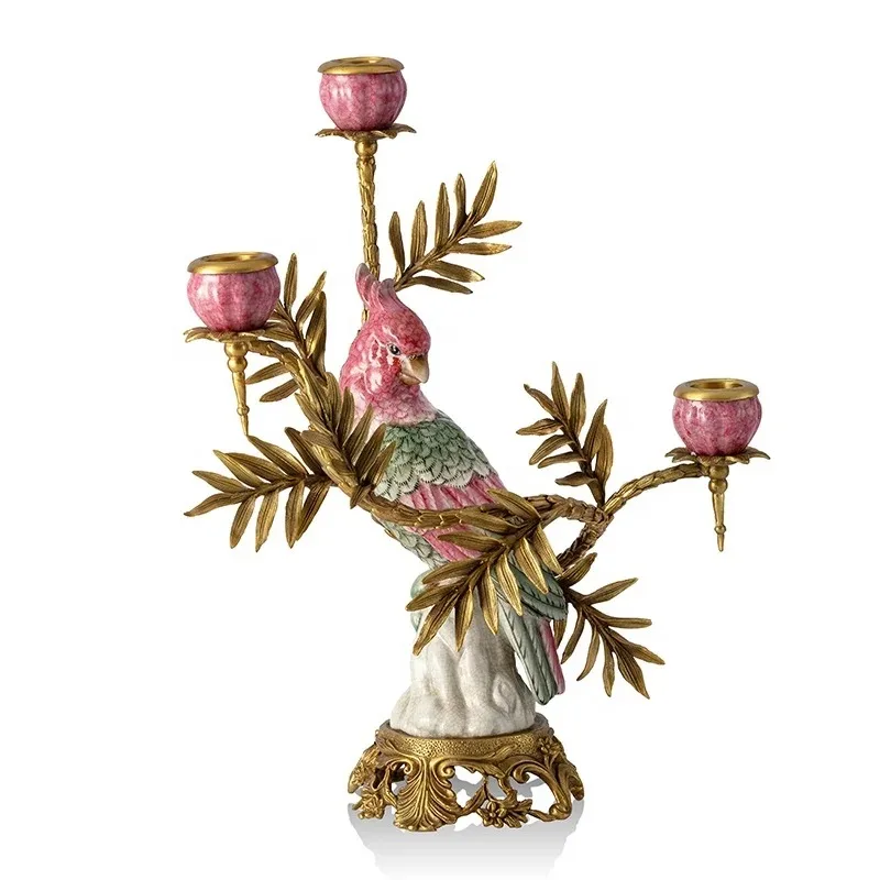 Green Parrot Candlestick Creative Brass Decoration European Pink Bird Candlestick Antique Home Decoration