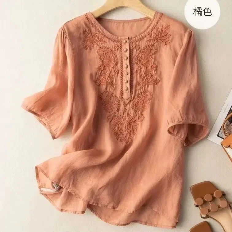 2025 Summer New Loose Comfortable Round Neck T-shirt Literature and Art Solid Color Embroidery Fashion Women's Casual Blouses