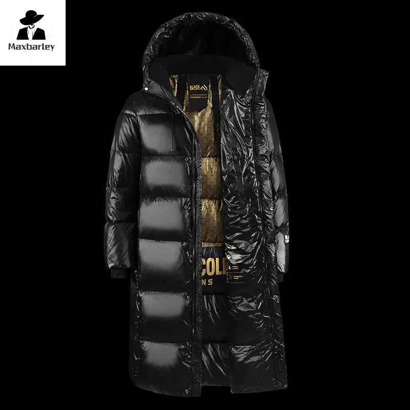 Black Glossy Down Jacket Men's Luxury Thicken Winter Hooded Long White Duck Down Jacket Women Windproof Rainproof Warm Outwear