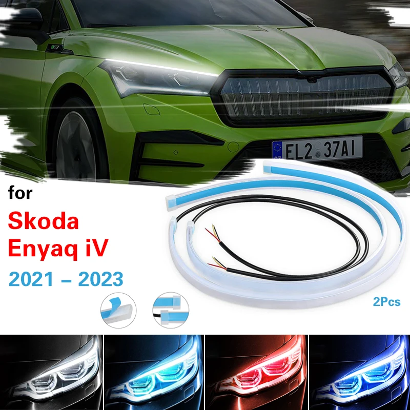 2Pcs Daytime Running Light Strip Flexible Led Signal Light Headlight DRL 12V Start-Scan Flow Lamp For Skoda Enyaq iV 2021-2023