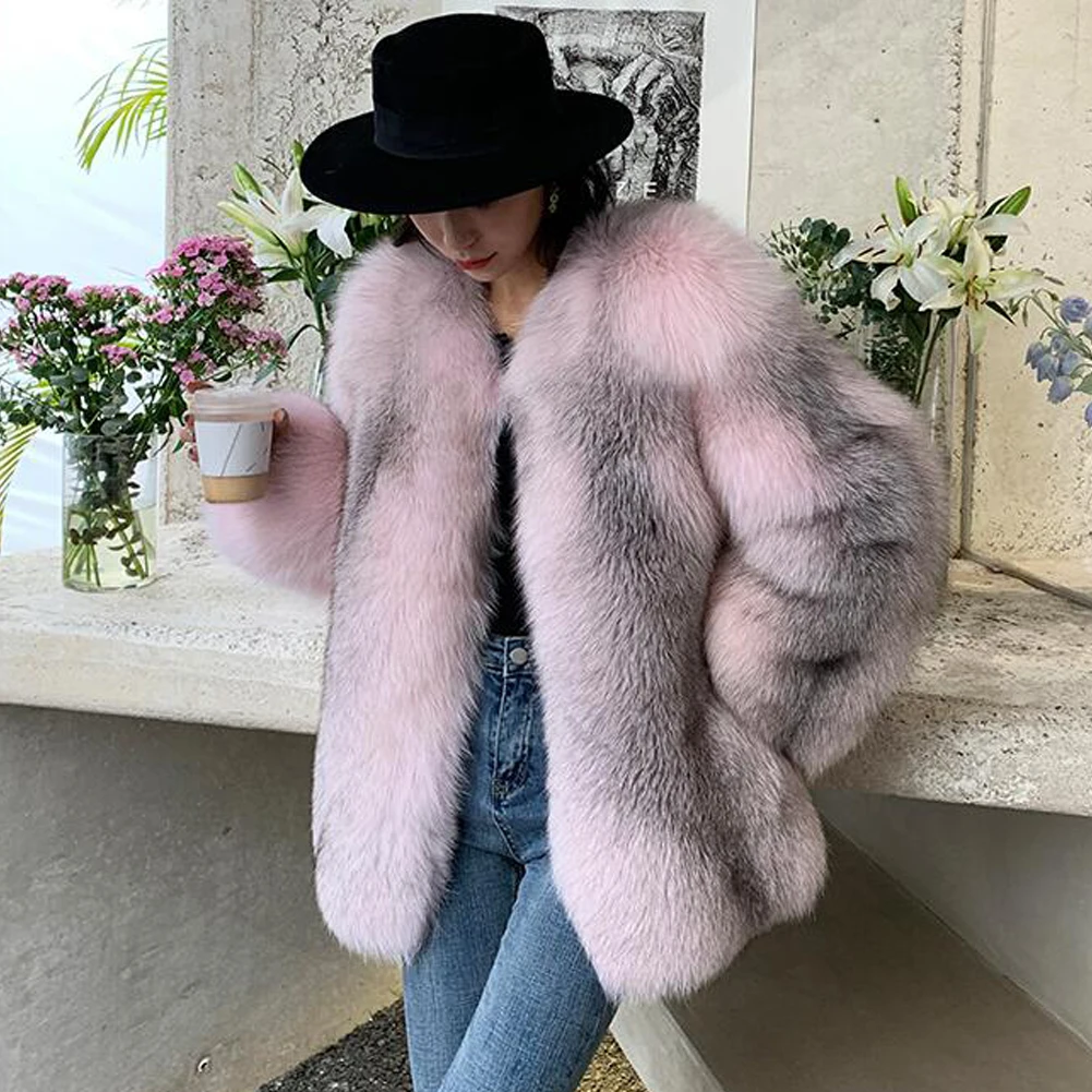 Denny&Dora Winter Women Fox Fur Overcoat Mid-Length Fox Fur Coat Natural Real Fox Fur Coat Pink Color