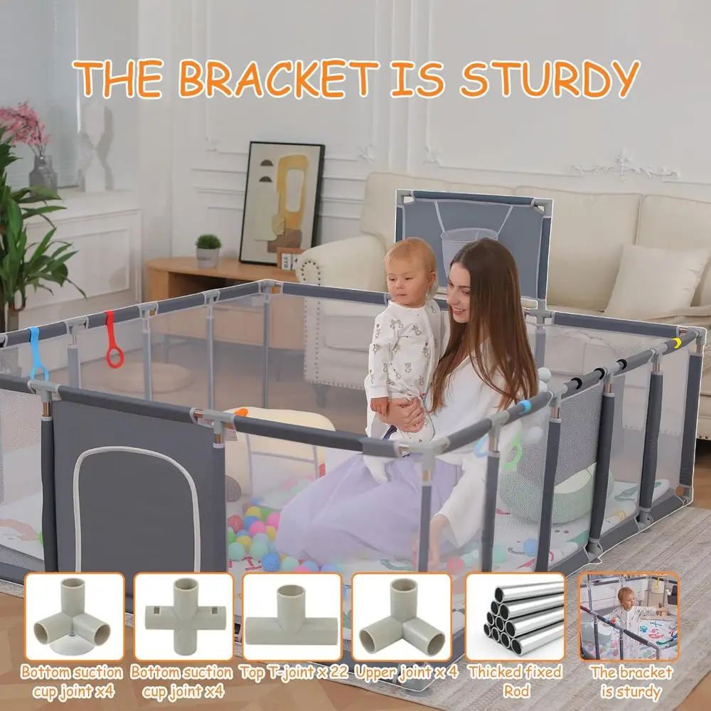 روضة لعب رمادية للأطفال الصغار، 79 × 71 مع حصيرة، كرات المحيط، جيب معلق وطوق كرة السلة - للاستخدام الداخلي/الخارجي #6