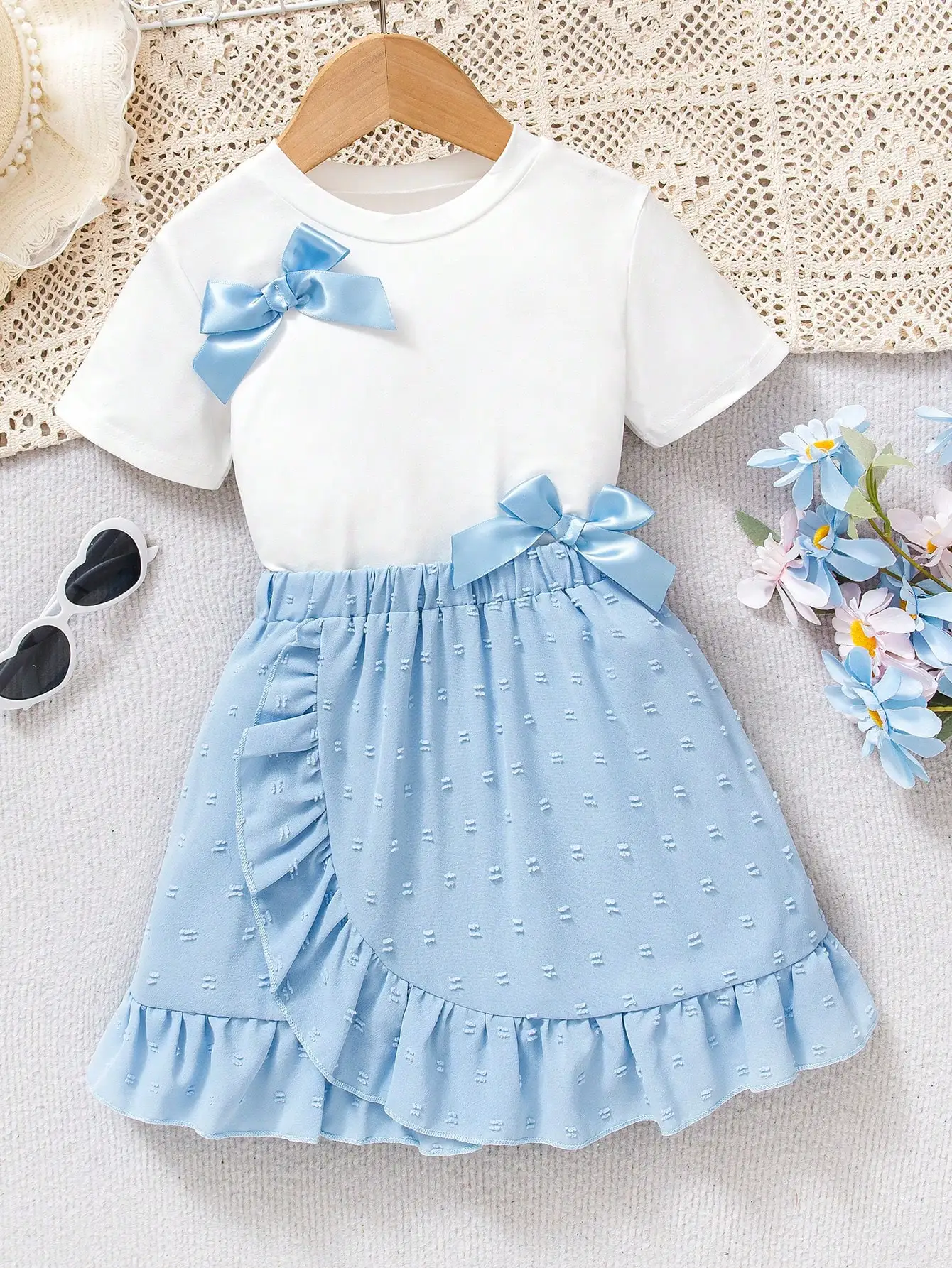 

Girl's Blue Bow Tee & Tiered Skirt Set | Sweet Preppy Outfit for Ages 4-7, School/Parties (S/S)