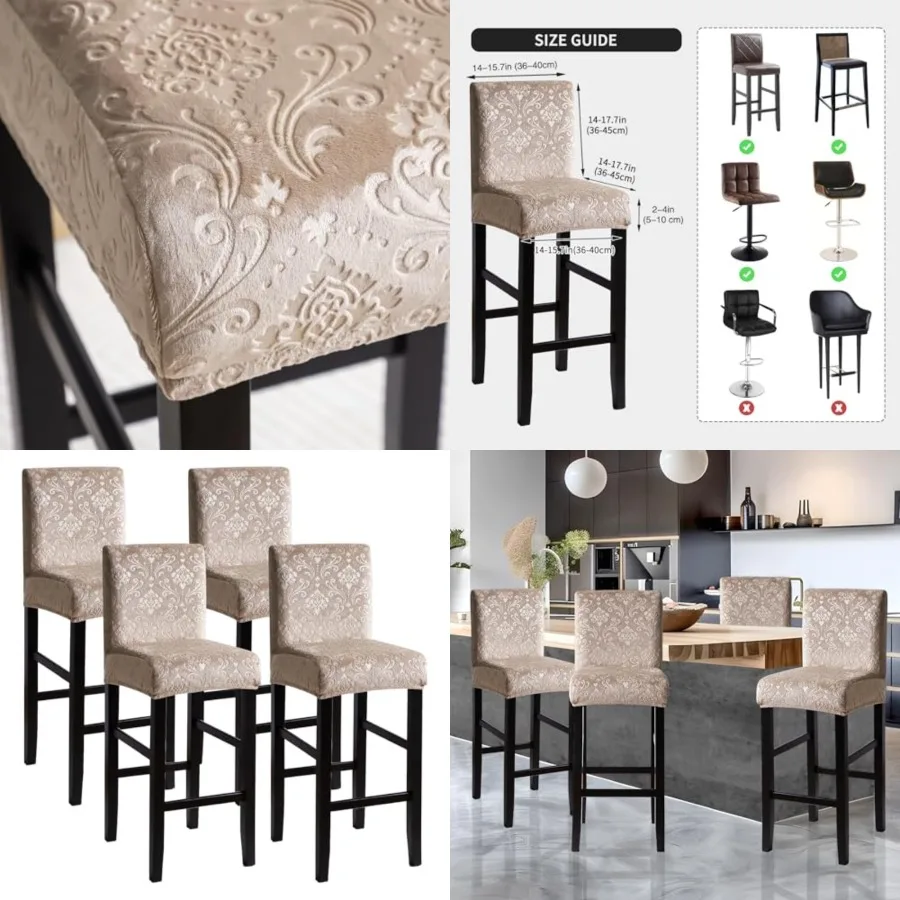 

Velvet Bar Stool Chair Cover with Backs Set of 4 Camel Embossed Dining Barstool Slipcover Removable Washable C