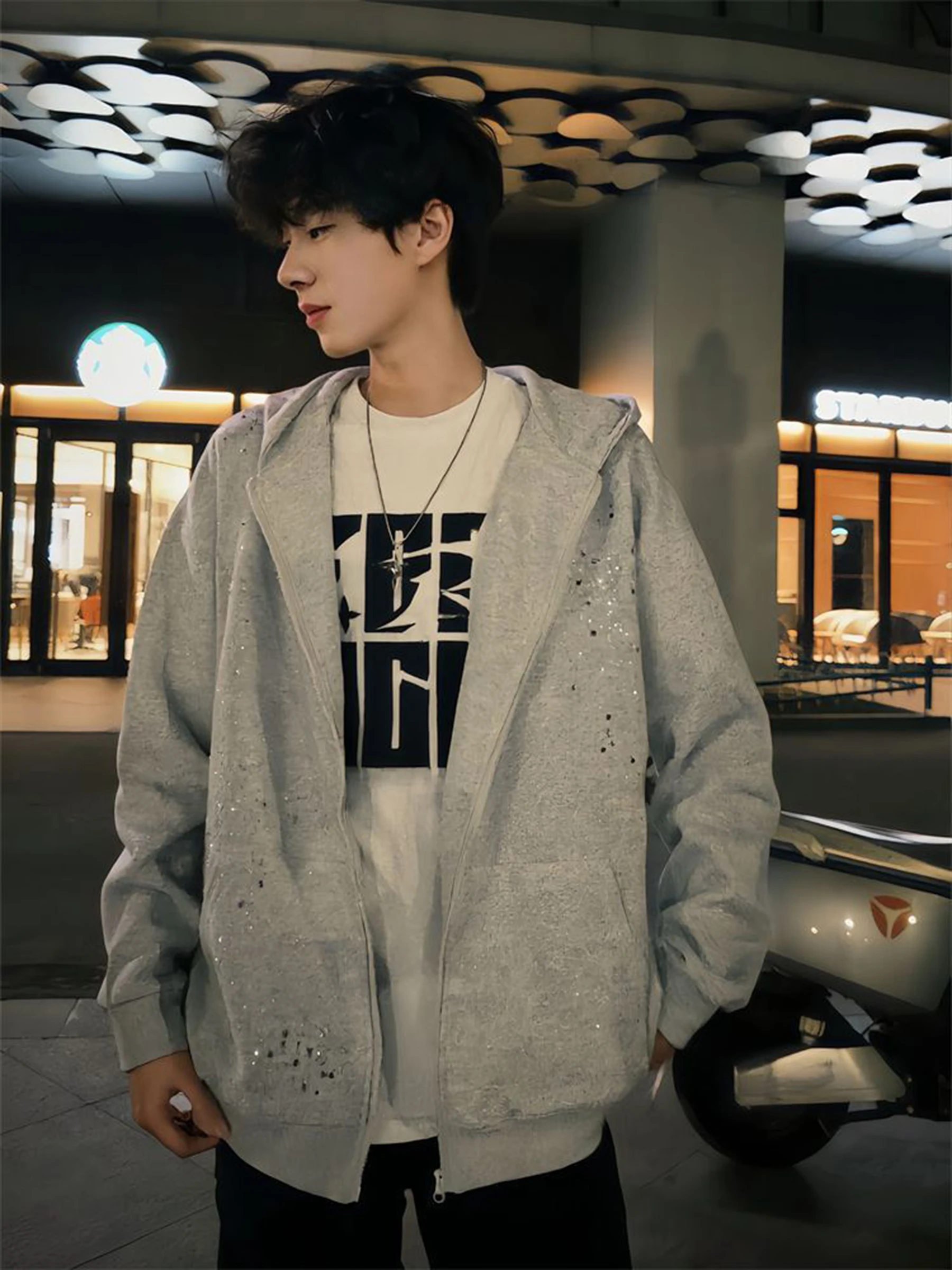 American High Street Starry Sky Rhinestone Hooded Sweatshirt Men Autumn Winter Gray Heavy Craft Cardigan Zipper High-end Jacket