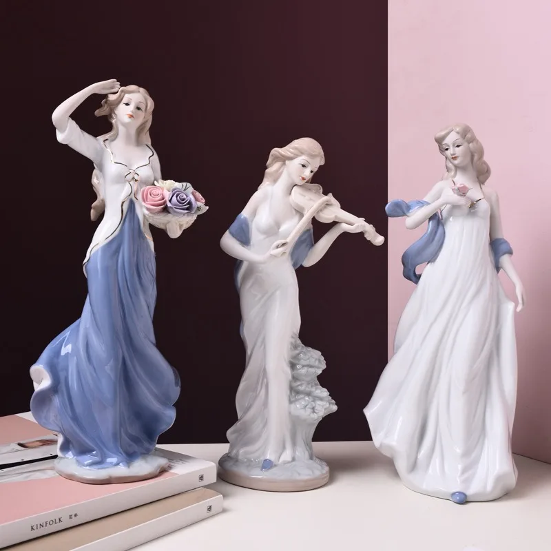 European Style Ceramic Lady Figurines Set Elegant Home Decor for Living Room Shelf Bookcase Wedding Gift Art Craft Ornaments