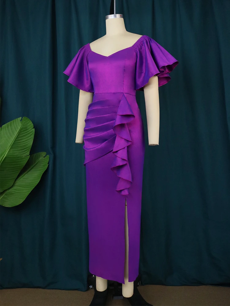 ONTINVA Purple Bodycon Dresses Plus Size Short Ruffles Sleeve High Waist Pleated Sexy Slit Midi Evening Cocktail Party Gowns 4XL