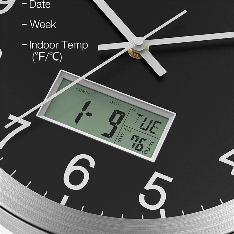 12Inch Wall Clock With Digital Date, Week & Indoor Temp - Battery Operated Wall Clock, Auto Sets,Easy To Read-AT64