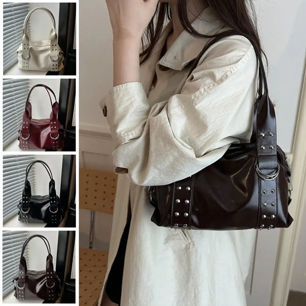 Korean Design Rivet round Cylinder Tote Bag Women's Large Capacity Commuter Handbag Single Shoulder Underarm Bag