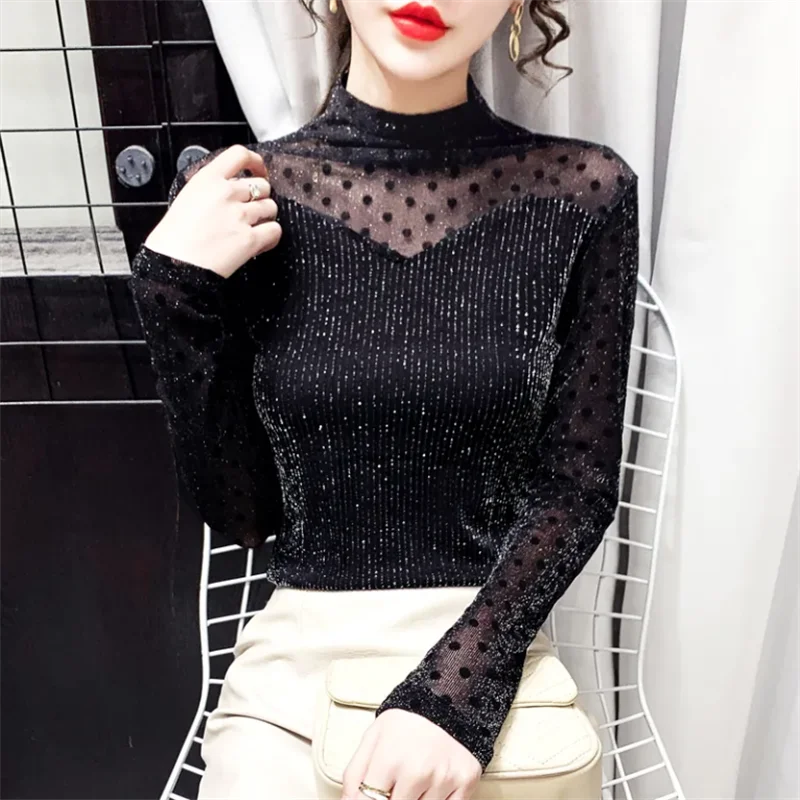 Mesh Base T-shirt Women Pullover Half High Collar Long Sleeve T-shirt Polka Dot Printing Blouse Sparkly Silk Sexy Femme Tees