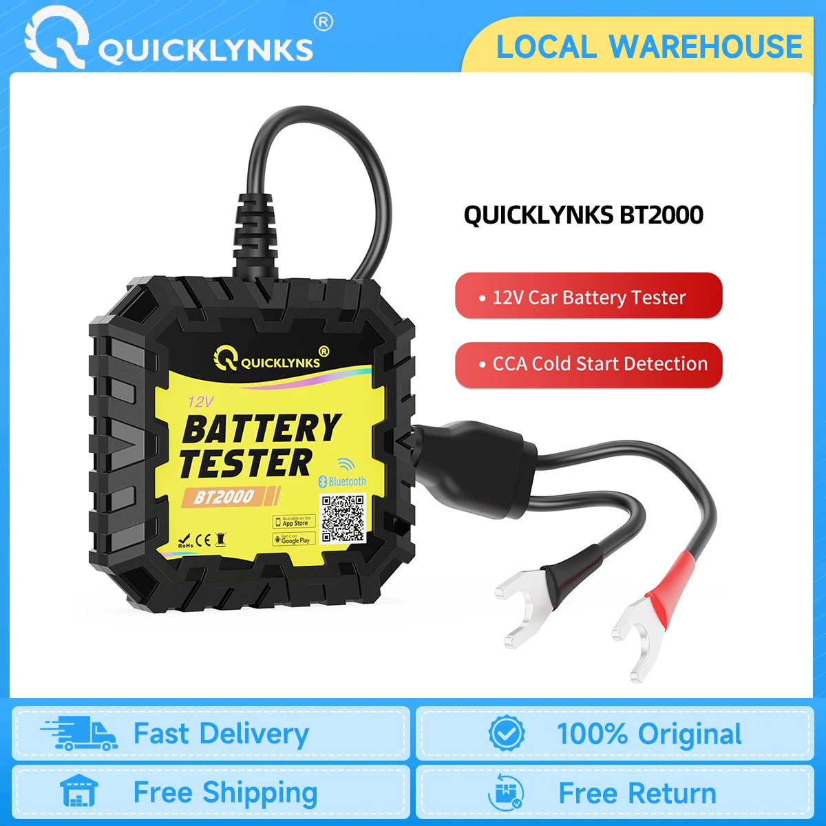 QUICKLYNKS BT2000 12V Battery Test 100-2000 CCA Bluetooth Monitor Battery Cranking&Charging Test APP For Android IOS PK BM6 BM2