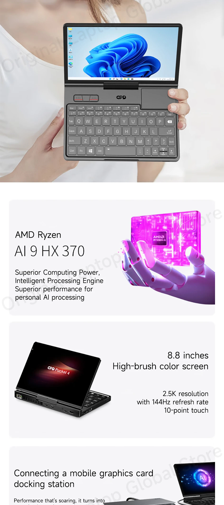 GPD Pocket 4 2025 AMD AI 9 HX 370 32GB/64GB RAM 2TB/4TB SSD 8.8-inch 2.5K Resolution 144 Hz Refresh Rate mini Laptop