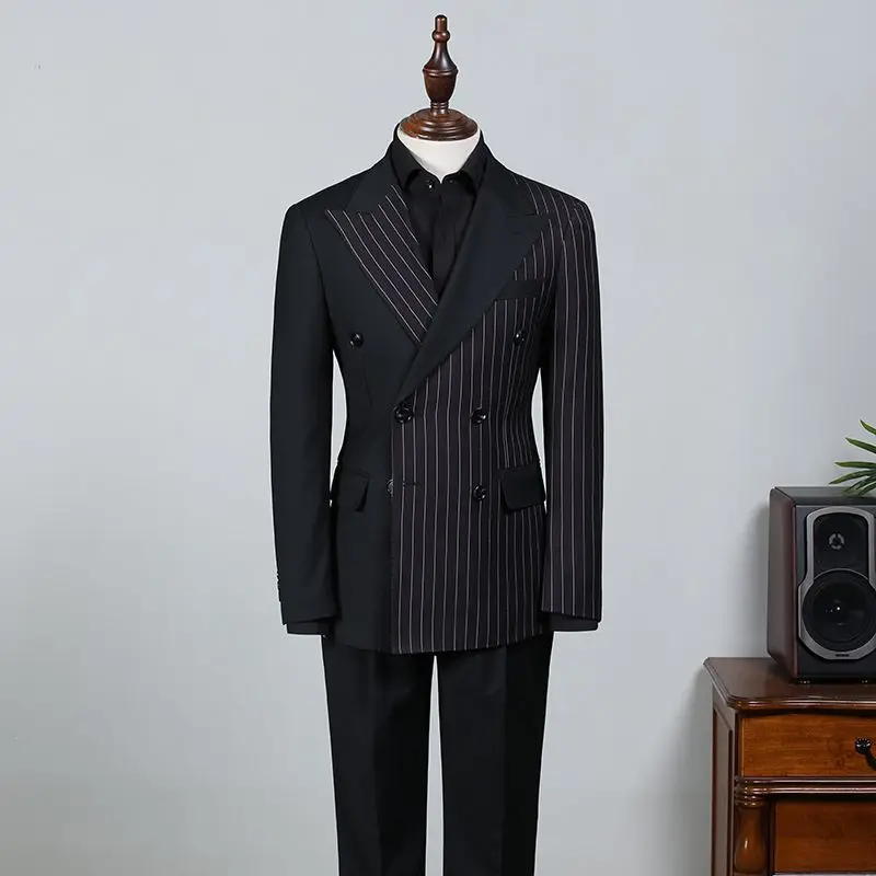 New Design Business Black Striped Men Suits For Wedding Double Breasted Groom Tuxedos 2 Pieces Costume Homme (Jacket+Pants)