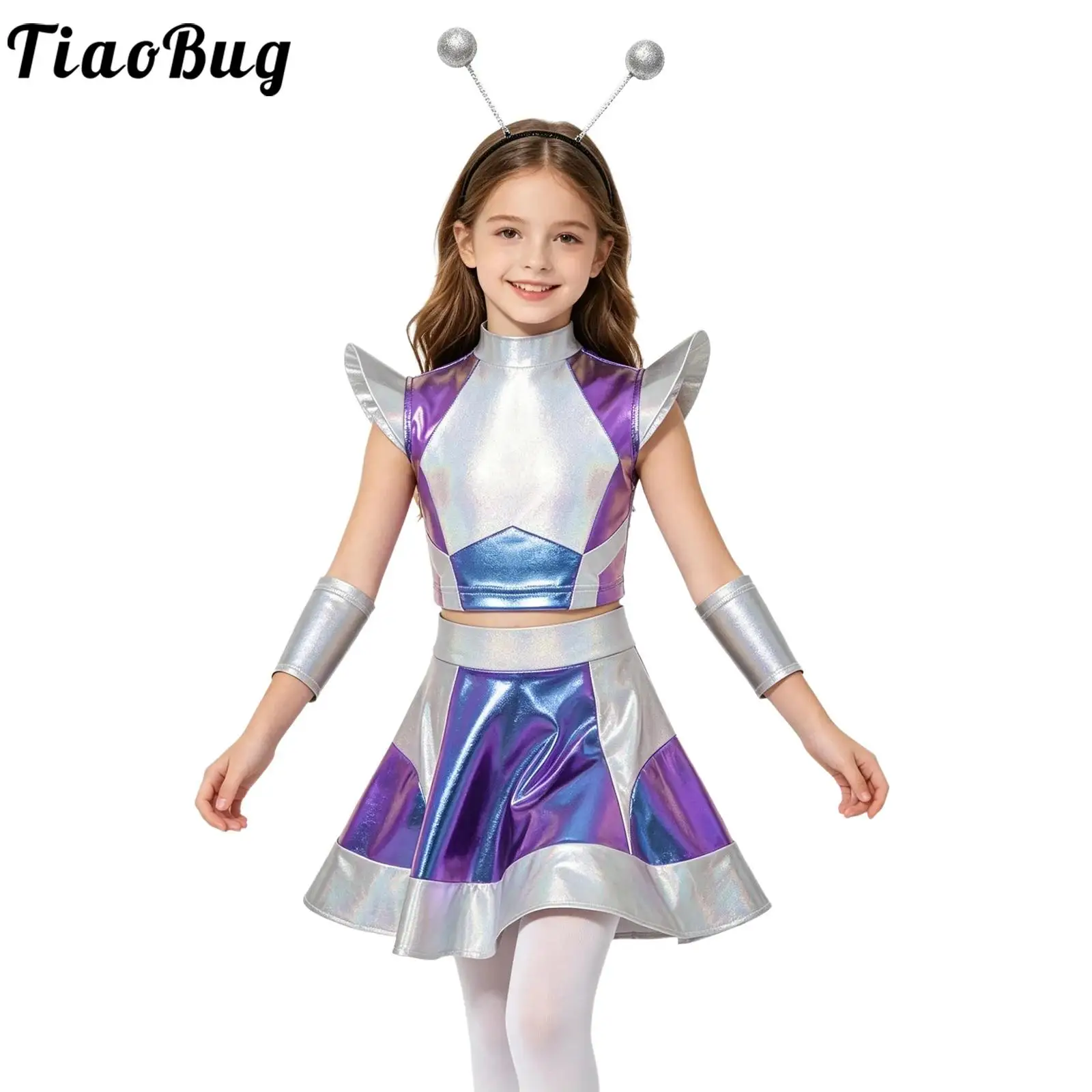Kids Girls Halloween Alien Cosplay Costume Robot Outer Space Party Cutie Outfit Cap Sleeve Glossy Metallic Top And Skirt Sleeves