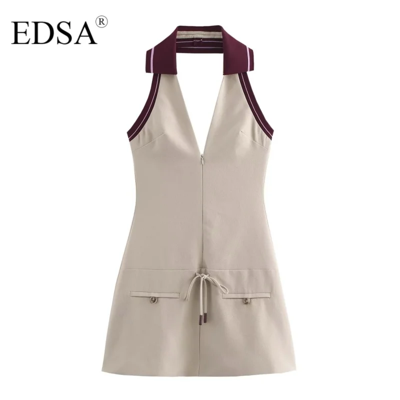 EDSA-Mini robe rayée pour femme, col en V, dos ouvert, fermeture éclair sur le devant