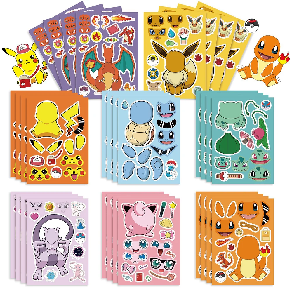 8/16 Sheets Cute Children DIY Puzzle Sticker Pokemon Face Funny Anime Pikachu Assemble Stickers Kids Toys Boys Girls Gifts