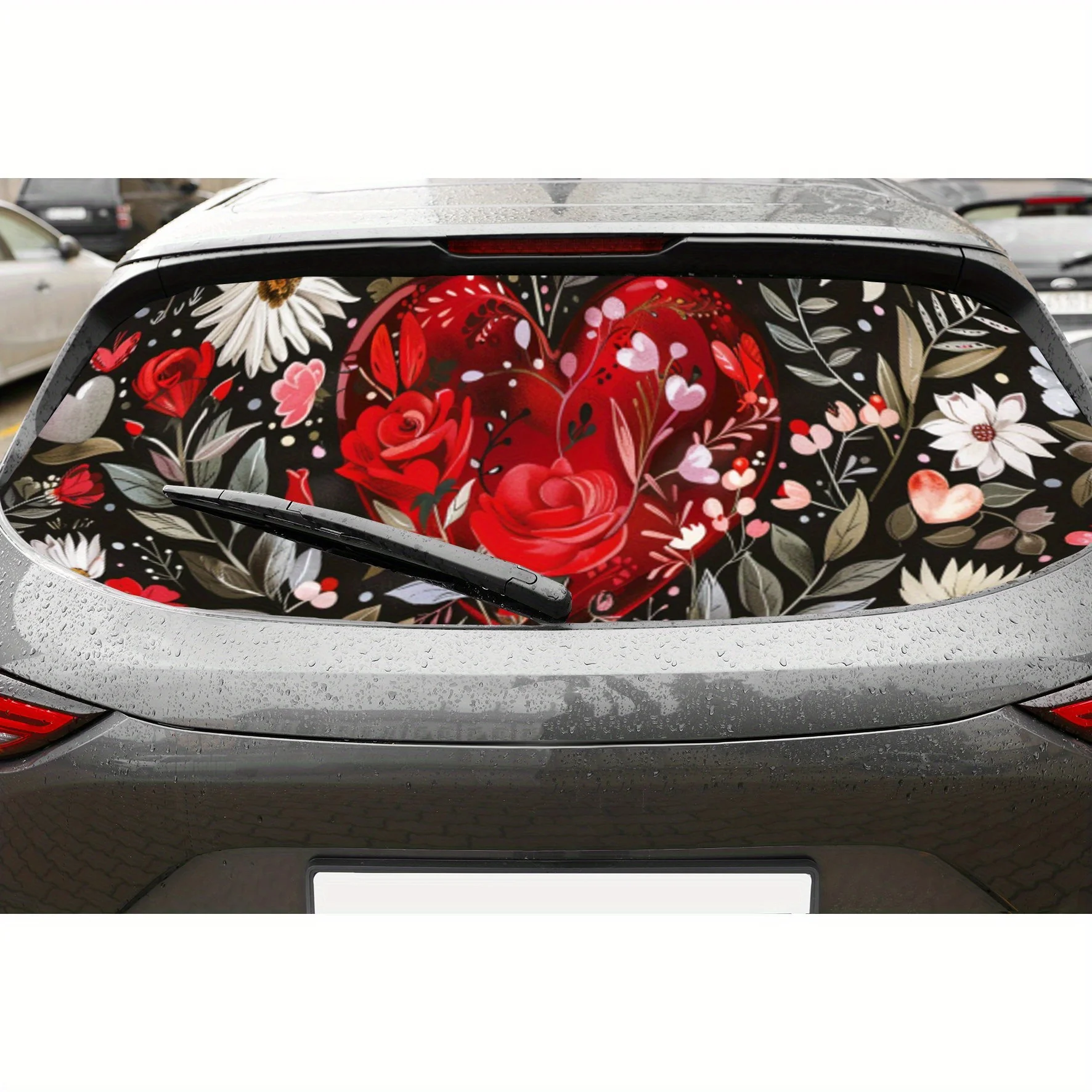 

Romantic Floral Heart PVC Perforated Car Vinyl Wraps, Privacy Enhancing Design for Rear Window, Car Rear Windshield Sticker for