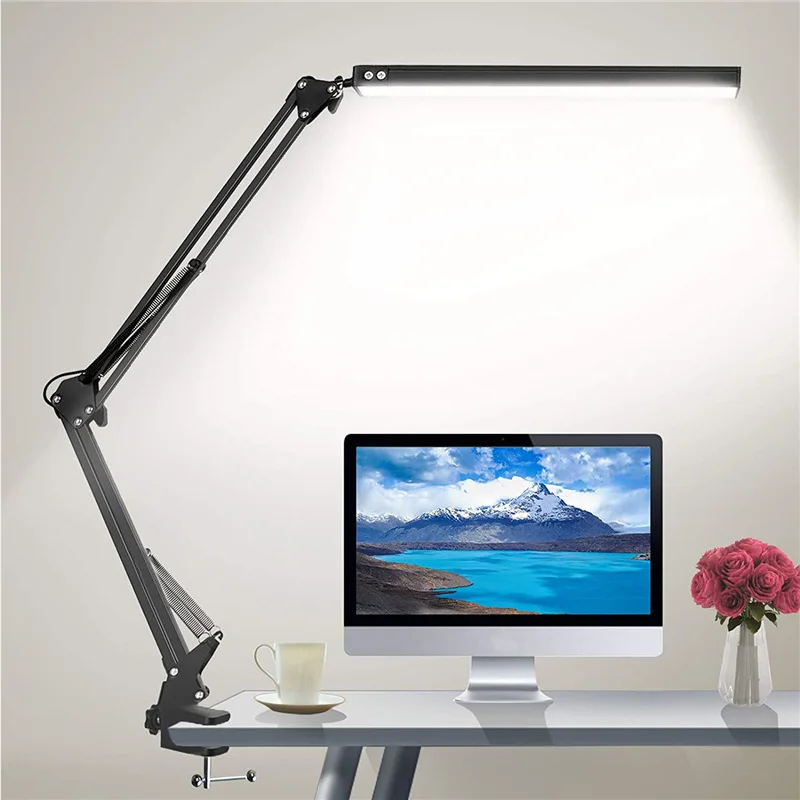 

LED Folding Metal Desk Lamp Clip on Light Clamp Long Arm Dimming Table Lamp 3 Colors For Living Room Reading And Computers