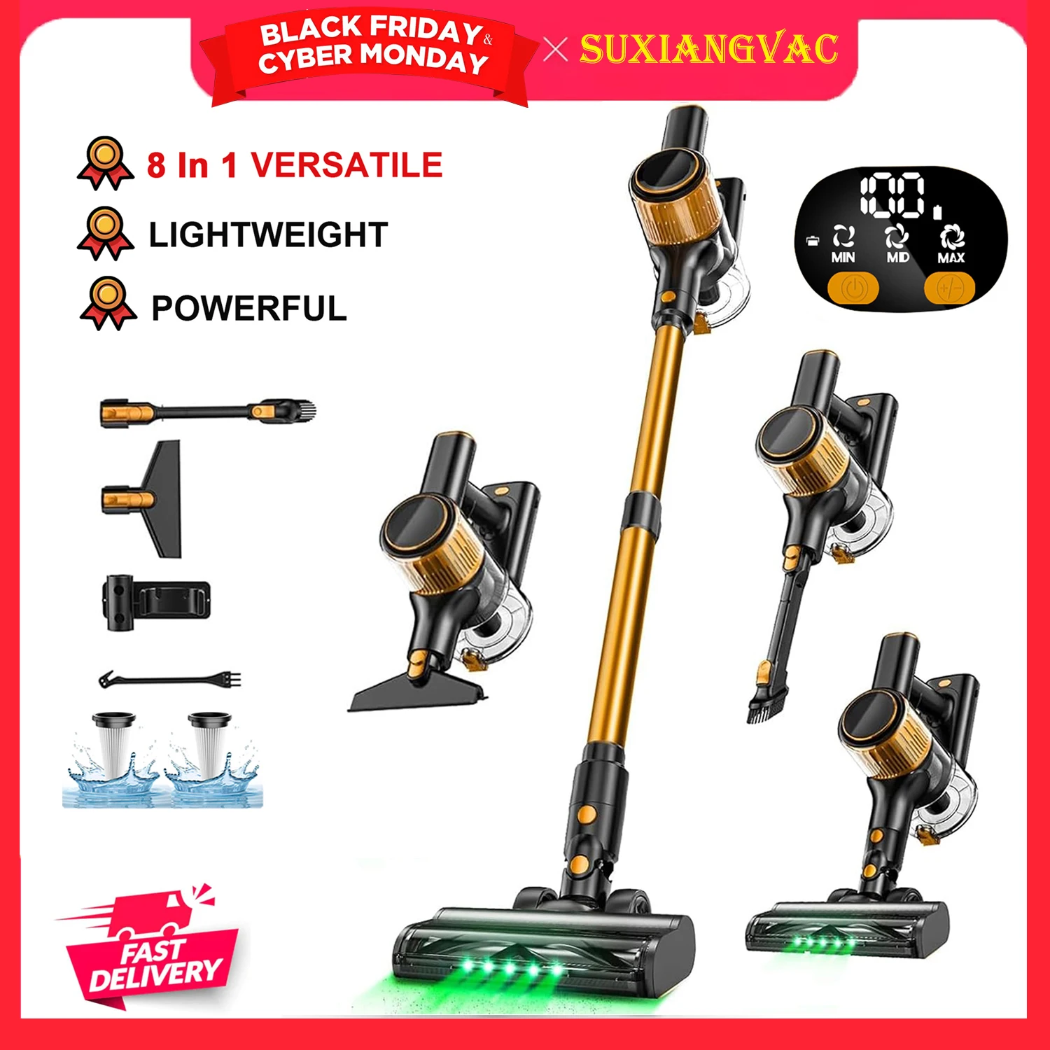 เครื่องดูดฝุ่นไร้สาย 8 in 1 ดูดฝุ่นแรง น้ำหนักเบา หน้าจอ LED แบตเตอรี่ถอดได้ ใช้ได้ 45 นาที สำหรับพื้น/พรม/สัตว์เลี้ยง