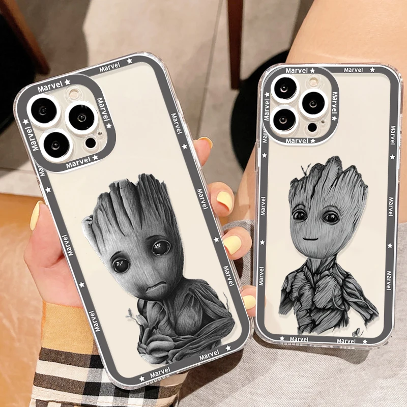 Cute Marvel Superhero Groot Apple Case For iPhone 14 13 12 11 Mini XS XR X Pro MAX 8 7 6 Plus SE Angel Eyes Transparent Cover