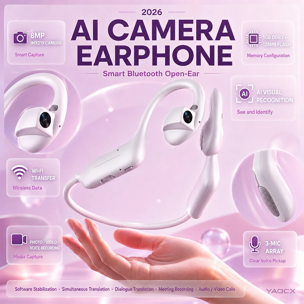 New AI Camera Earphones 8MP IMX219 Open Ear Bluetooth Headset Hands-Free Photo Video Recording EIS WiFi Transfer for Vlog Travel