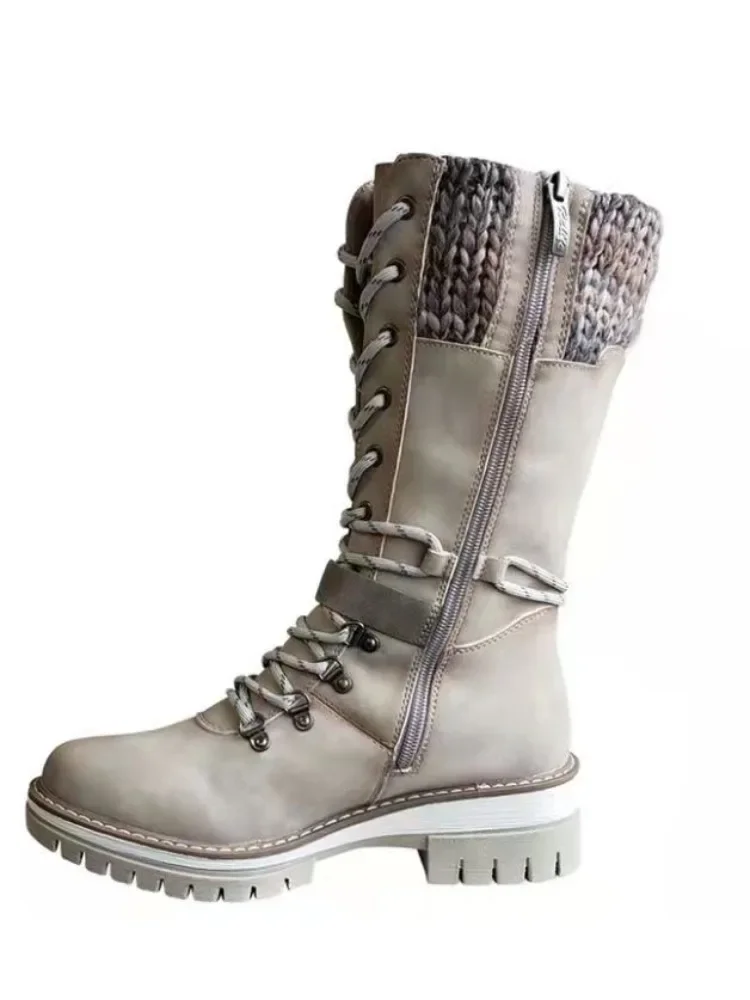 2025 frauen Winter Schnalle Spitze Gestrickte Mid-kalb Stiefel Niedrigen Ferse Runde Kappe Stiefel Top Qualität Winter Warme stiefel Frauen Botas De Mujer – Detail 17
