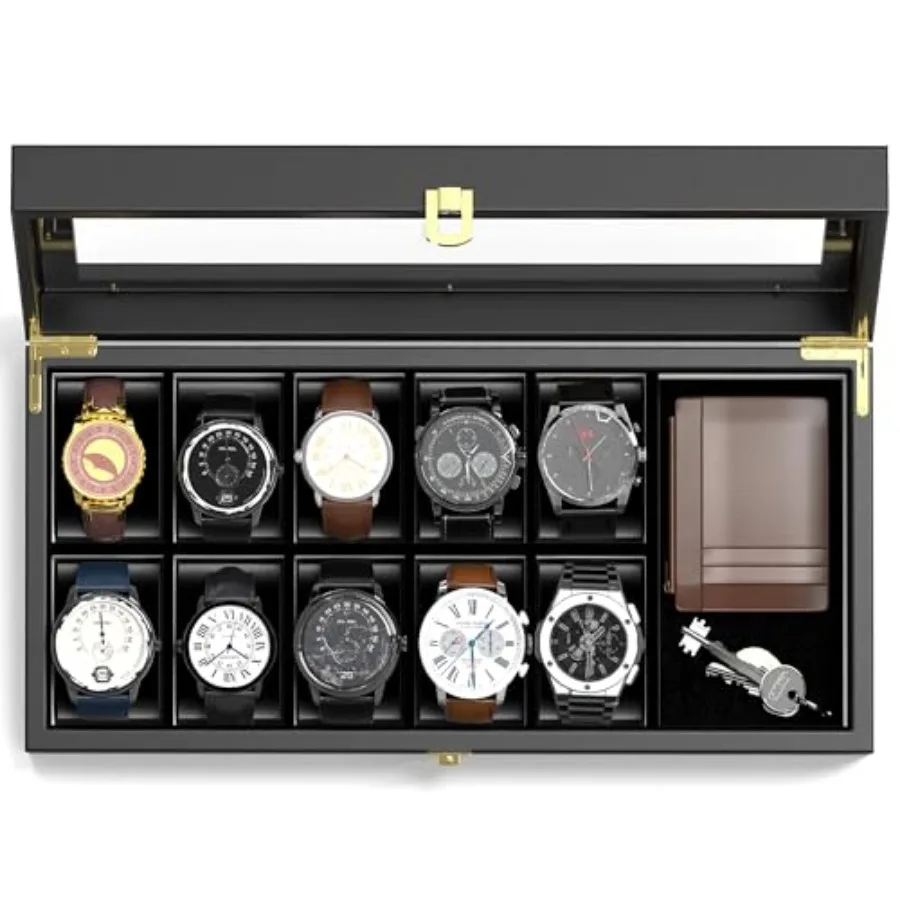 

Watch Box Organizer for Men, 10 Slot Watch Display Case With Glass Lid, Wooden Watch Storage Mens Watch Case, Watch Holder Orga