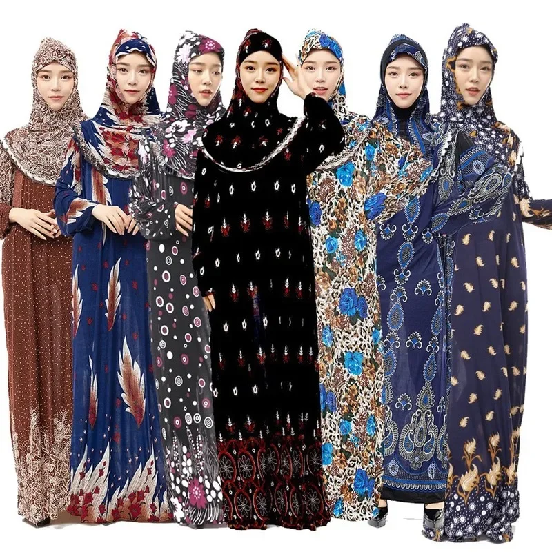 Muslim Full Cover Abaya Dress Islamic Traditional Hiijab+dress Clothing Set Female Thin Middle East Ramadan Prayer Random Color