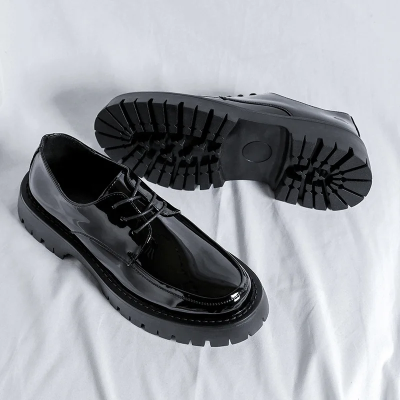 New Spring Autumn Korean Bright Leather Shoes Men Formal Dress Thick Bottom Loafers Lace-up Black British Business Work Shoes