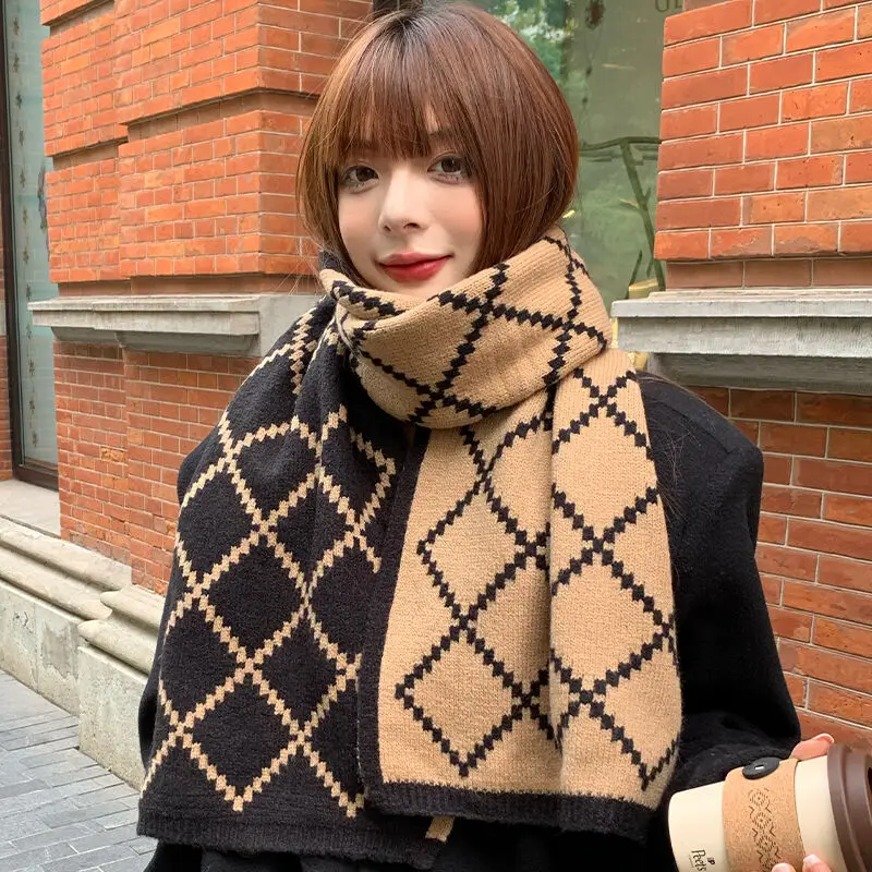 

목도리 2023 New Шарф High Quality Winter Double Sided Fashion Scarf for Women Warm Thickened Wool Knit Checkered Bib Trend Hot Sale