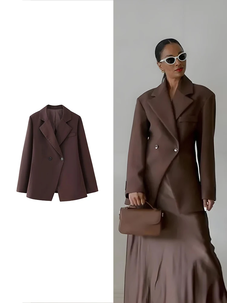 TRAF Women\'s Fashion Casual Brown Jacket Autumn Vintage Lapel Pocket Single Button Jacket Chic Long Sleeve High Street Blazer