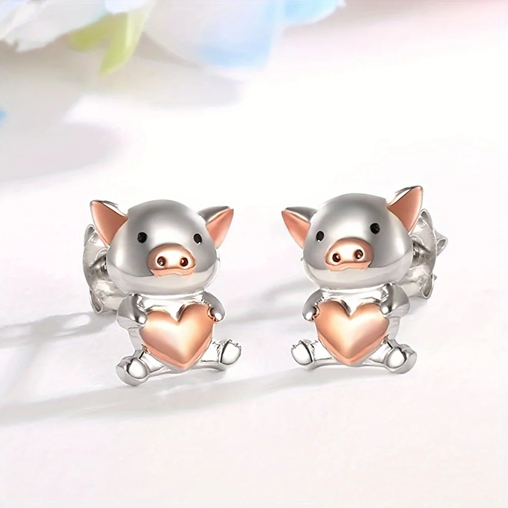 1 Pair Cute Piggy Hugging Love Heart Stud Earrings, Great Christmas Halloween Thanksgiving Day Gift,  Valentine's Day Gift