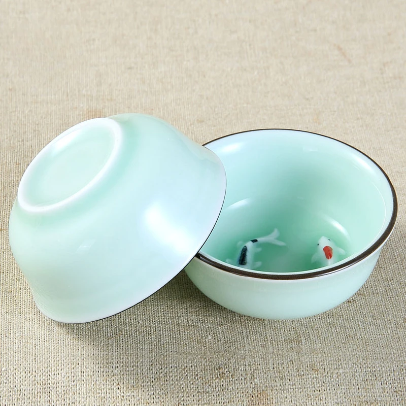 Blue/Green Celadon Chinese Kung Fu Tea Set Pu\'er 3D Fishes Teacup Hand-painted Ceramic Relief Double Carp Master Tea Cup 60ml