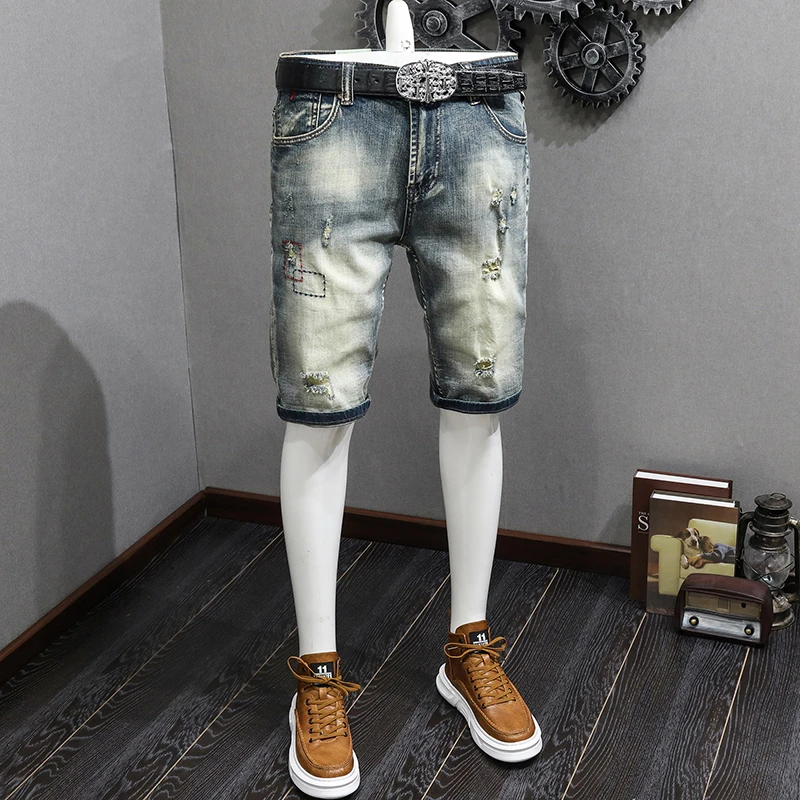 

JXN821 High-end embroidery broken holes retro nostalgic denim shorts men straight tide five trousers trend