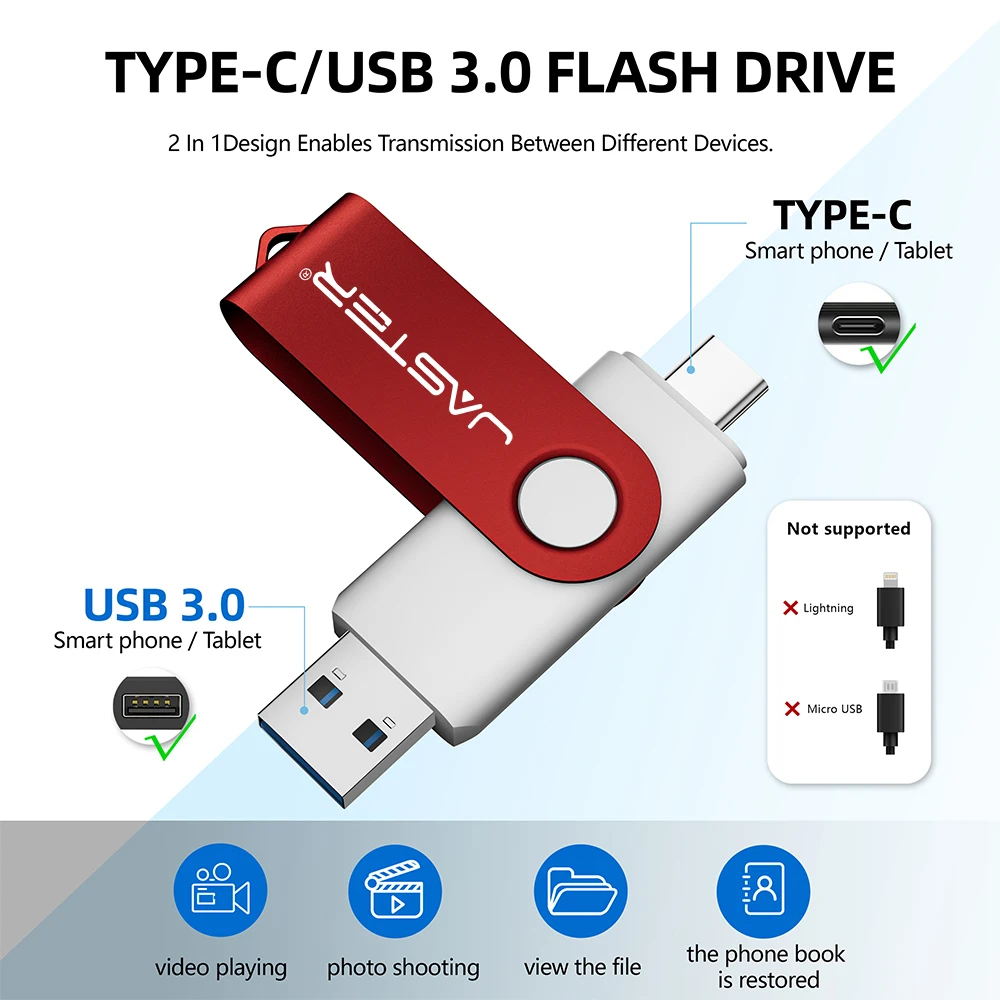 JASTER TYPE-C USB3.0 2IN1 High Speed Pen Drive 128GB Business Gift USB 3.0 Flash Drive 64GB Metal Memory Stick 32GB Pendrive 16G