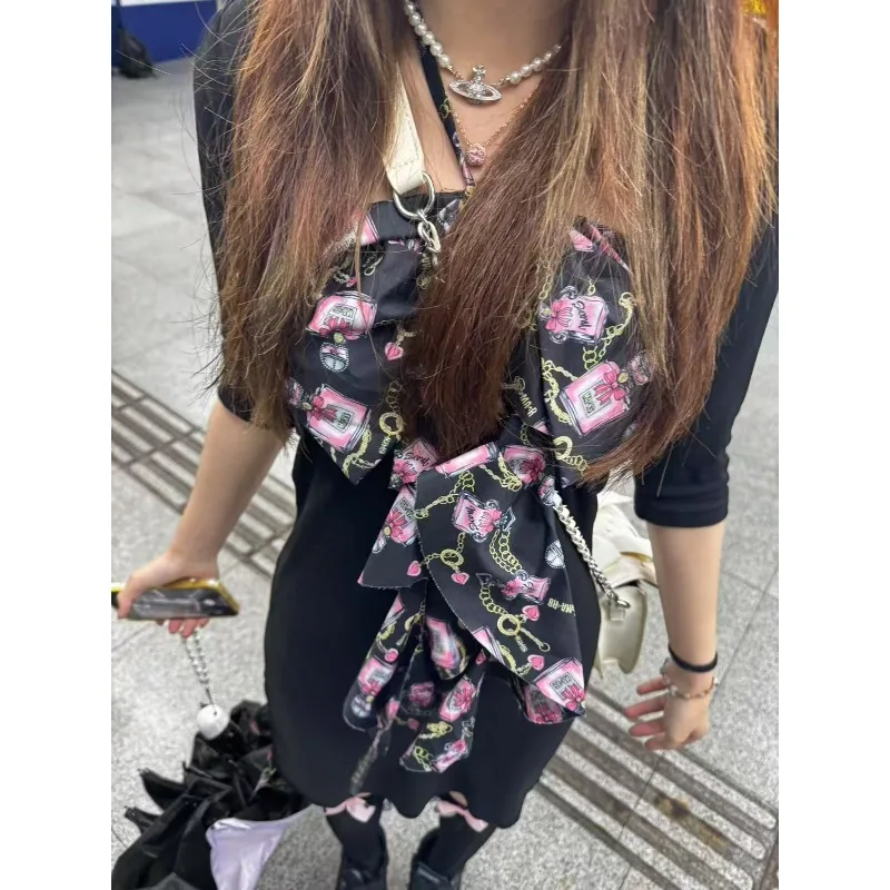 

Japanese Retro Subculture Slim-fit Dress Vintage Bow Design Harajuku Hottie Bag Hip Skirts Women's Sexy Hollow-out Y2k Dresses