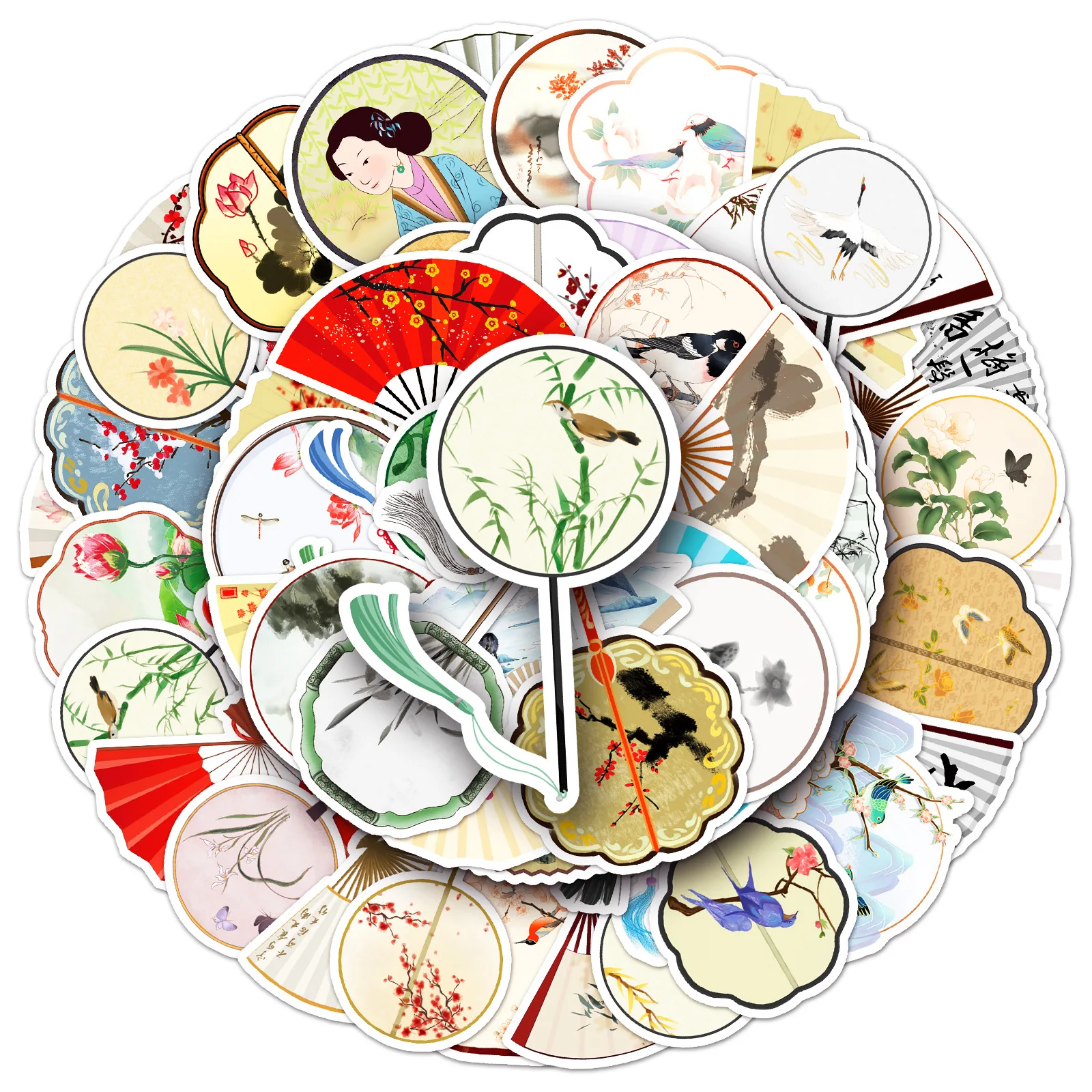 10/50PCS Chinese Ancient Aesthetic Paper Fan Graffiti Stickers Funny Decal For Laptop Guitar Stationery PVC Waterproof Sticker