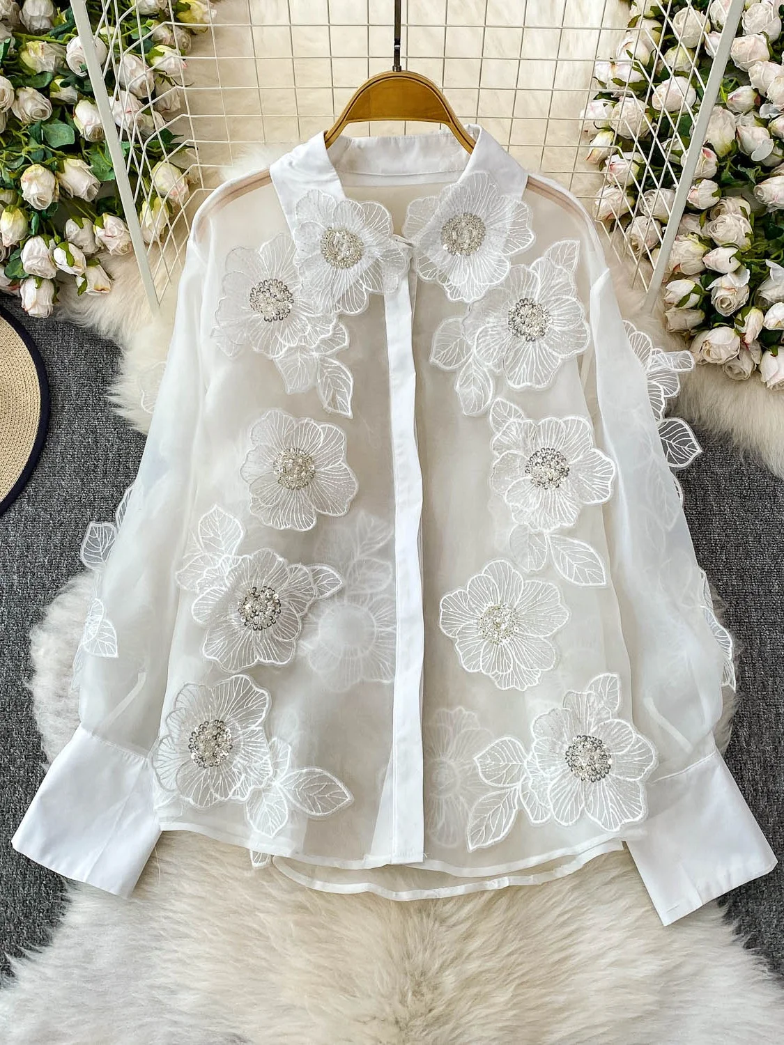 

Ele Long Sve iny Sequin 3D Flower Stand Collar Loose Thin Gauze Women's Summer irt Anti-Uv Korean Sle Premium Qu...