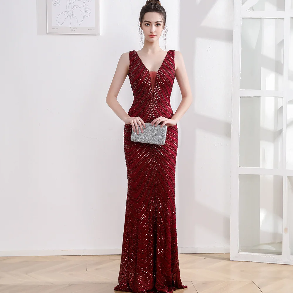 

Red Sequin Evening Gown 2025 New Sle Deep V Ne Tail Fi Tails Birthday Par Dr mid Waist Synthetic Fiber Performance