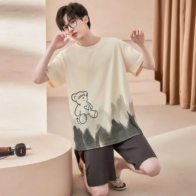 Cartoon Men's Cotton Pajamas Set 2 Pieces Sleepwear Summer Short Sleeve Home Tops Shorts Nightwear Male Pjs pyjamas homme