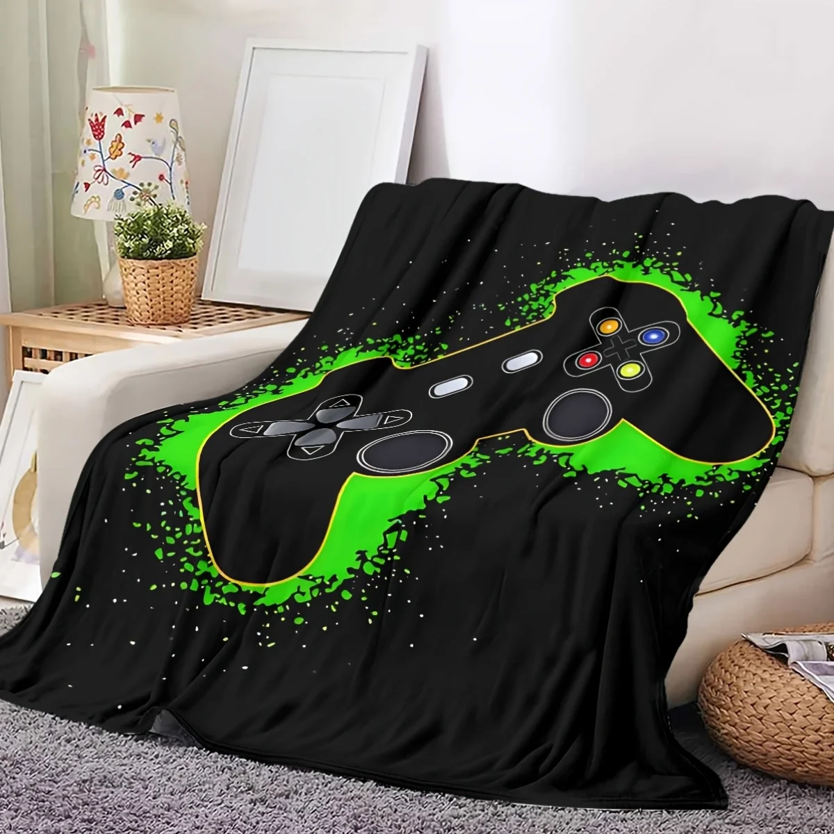 Cool Gaming Gamepad Green Ink Splatter Art Pattern Flannel Blanket Light Cover For Couch Bed Daily Household Home Usage Ideas
