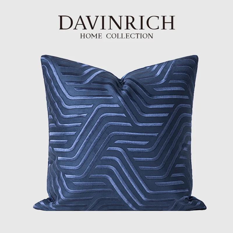 DAVINRICH Navy Blue Cushion Cover Evoke Geometric Pattern Embroidery Throw Pillowcase 45x45cm For Living Room Couch Sofa Bedroom