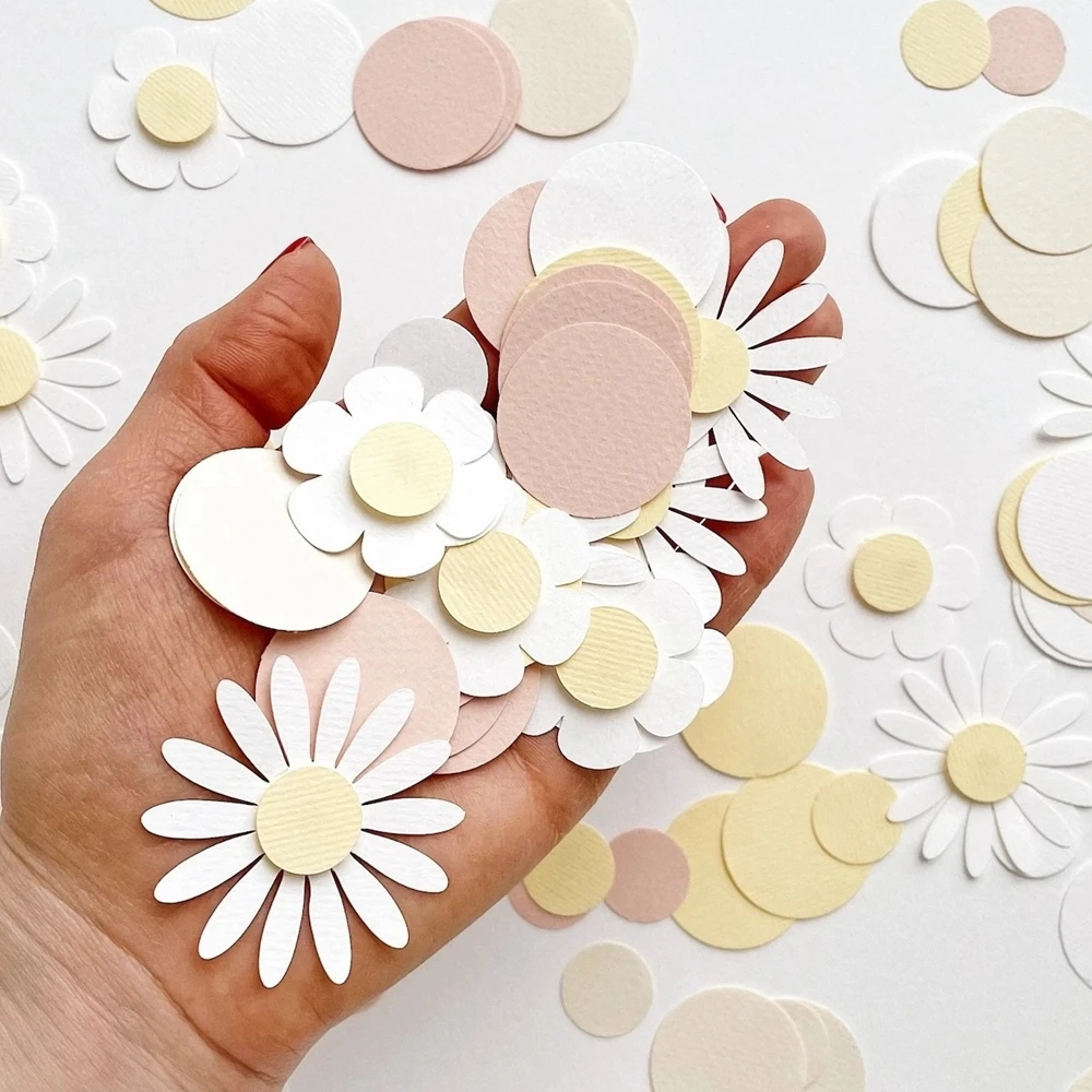 100pcs Daisy Flower Paper Confetti Baby Pink Blue Round Confetti for Wedding Baby Shower Birthday Party Table Scatter Decoration