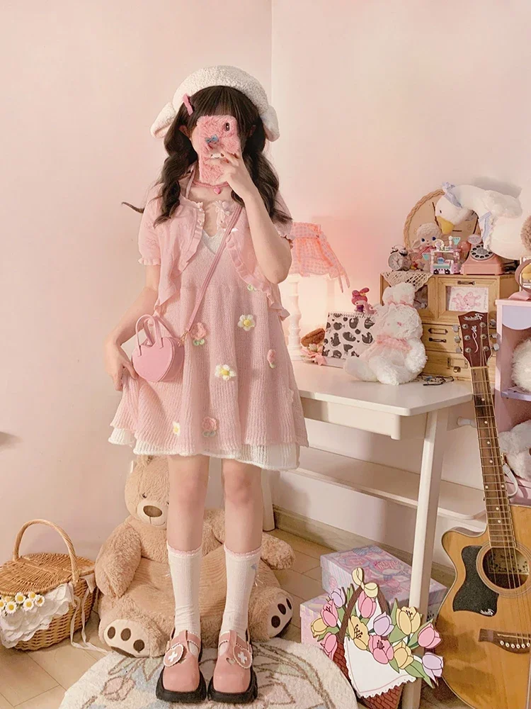 Imagem -03 - Conjunto de Cardigã Oco com Cordões Feminino Roupas Kawaii Doce Rosa Flores Laço Botões de Pérola Malha Vestidos com Várias Peças