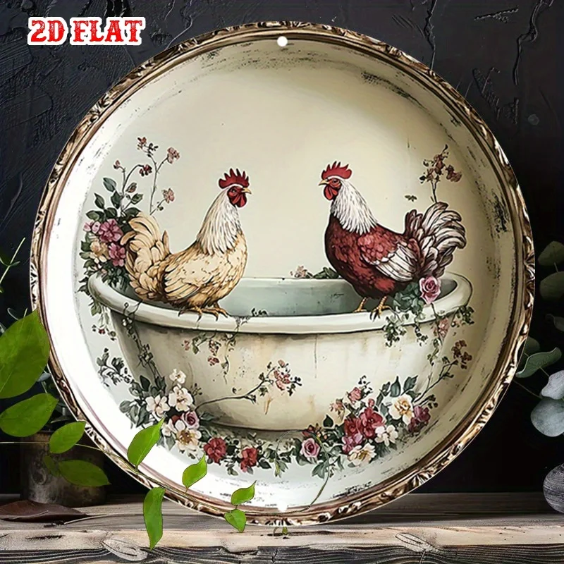 1pc Vintage Rural Aluminum Metal Wall Sign • Rustic Farmhouse Chicken Coop Decor with Rooster & Bathtub