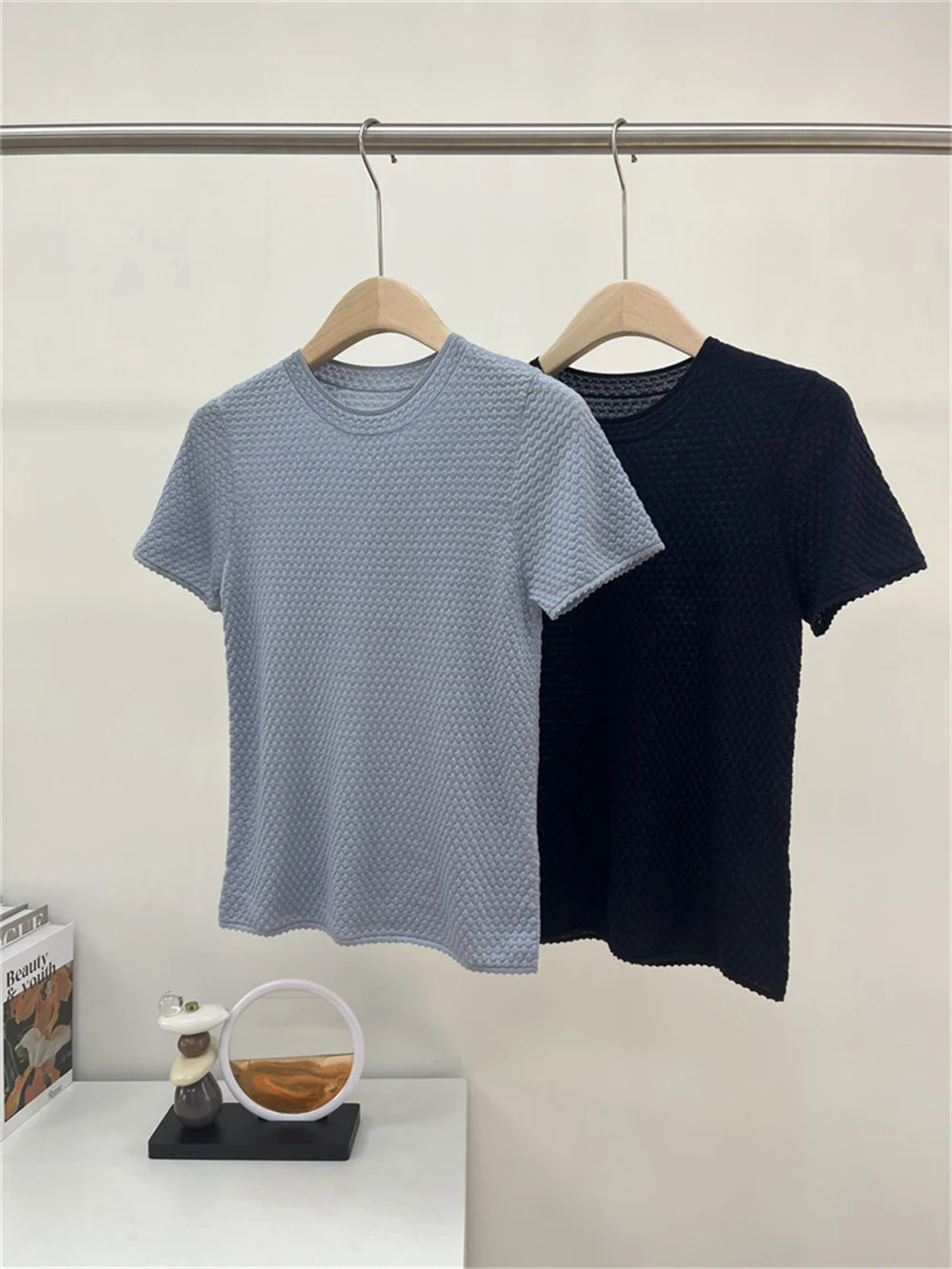 Women's New Clothes Wool Blend Premium T-shirts Round Neck Short-Sleeved Versatile Stylish Slim Knit Top