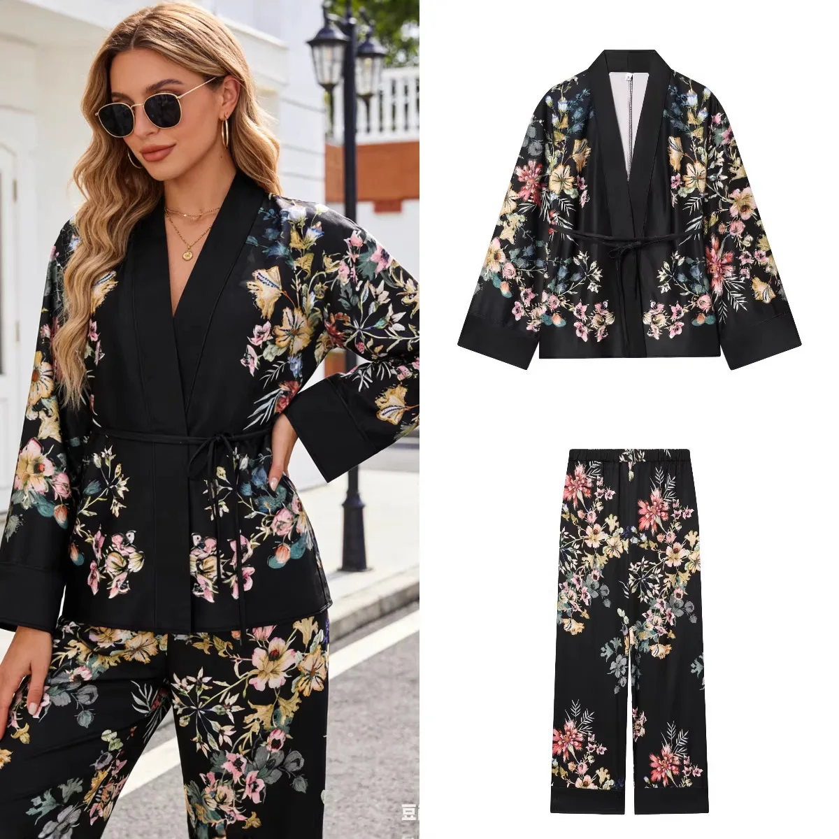 Zweiteiliges Hosen-Set für Damen: Elegante Freizeitjacke, modischer bedruckter V-Ausschnitt-Blazer mit Krawatte, hochtaillierte, lockere Hose mit geradem Bein