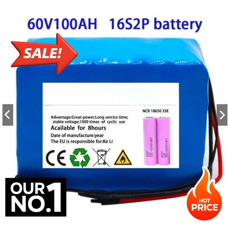 16S2P 60V 100Ah 18650 Lithium-ion Battery 16-series 2-parallel Battery Pack for Electric Skateboard Bicycle